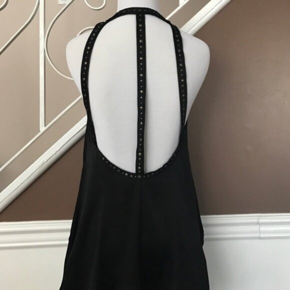 New BCBGMaxAzria Abbey v-neck studded cutout cage open back trapeze satin top - Picture 7 of 8